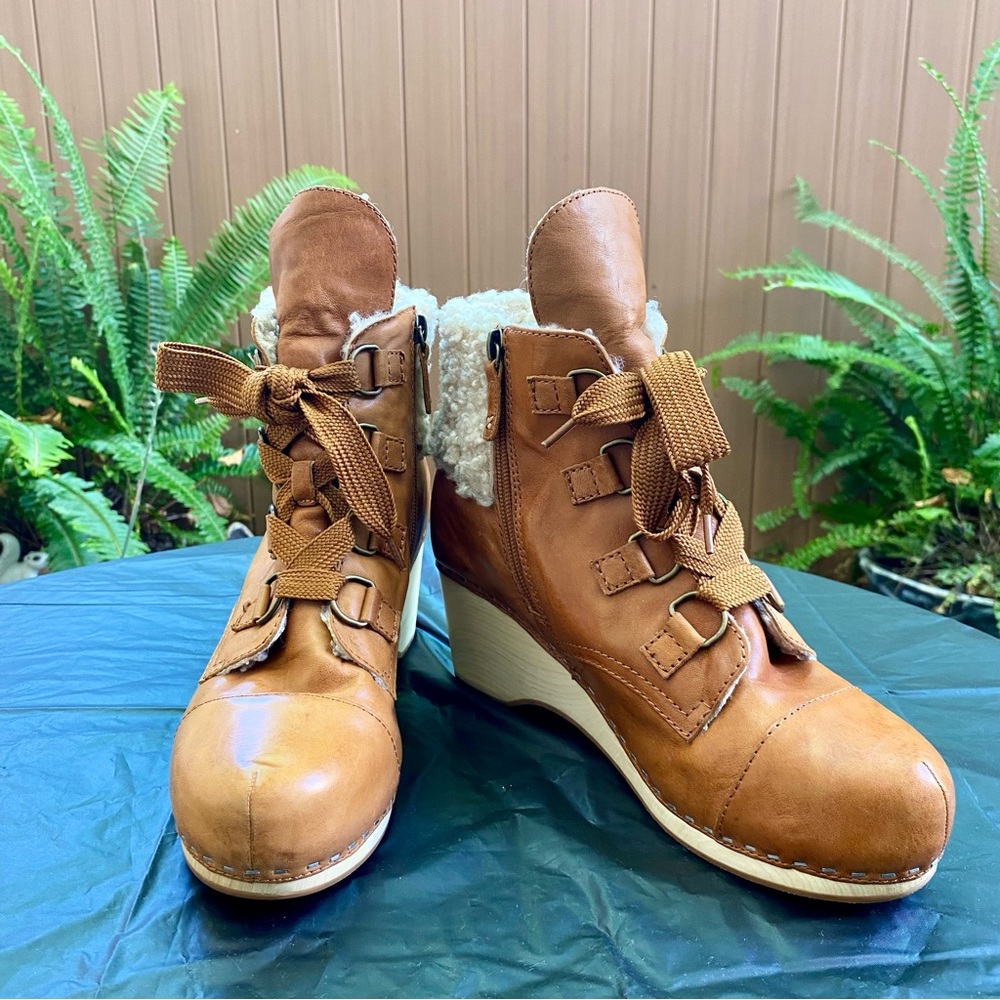 Kelsi Dagger Brown Ankle Boots with Sherpa Cuff and Wooden Heel